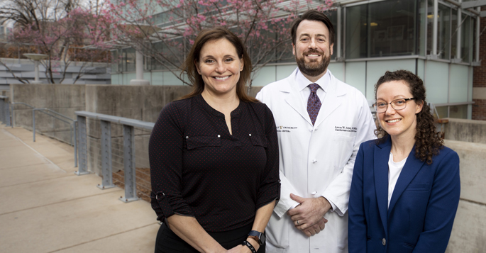 From left, Paula Donahue, PT, DPT, MBA, Aaron Aday, MD, MSc, and Rachelle Crescenzi, PhD, are part of a multidisciplinary effort at VUMC to improve the diagnosis and treatment of lipedema.