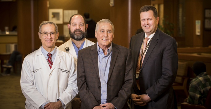 Andy Bolden, second from right, is Vanderbilt Transplant Center’s 500th lung transplant patient. Here, he’s with, from left, Matthew Bacchetta, MD, Eric Lambright, MD, and Ivan Robbins, MD.