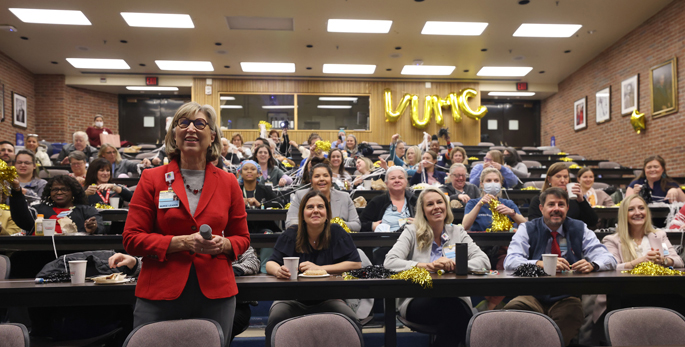 Nurses gathered in Light Hall to receive word that VUMC had received a fourth Magnet designation. (photo by Donn Jones)