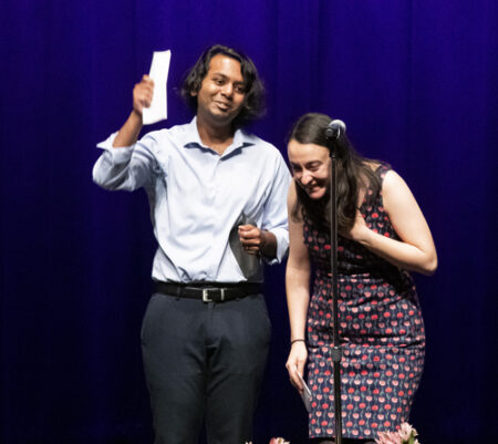 Evonne McCarthur and her husband, Ankith Donthi, MSN, MS, RN, celebrate after learning Evonne matched at the University of Washington for her internal medicine residency. (photo by Susan Urmy)