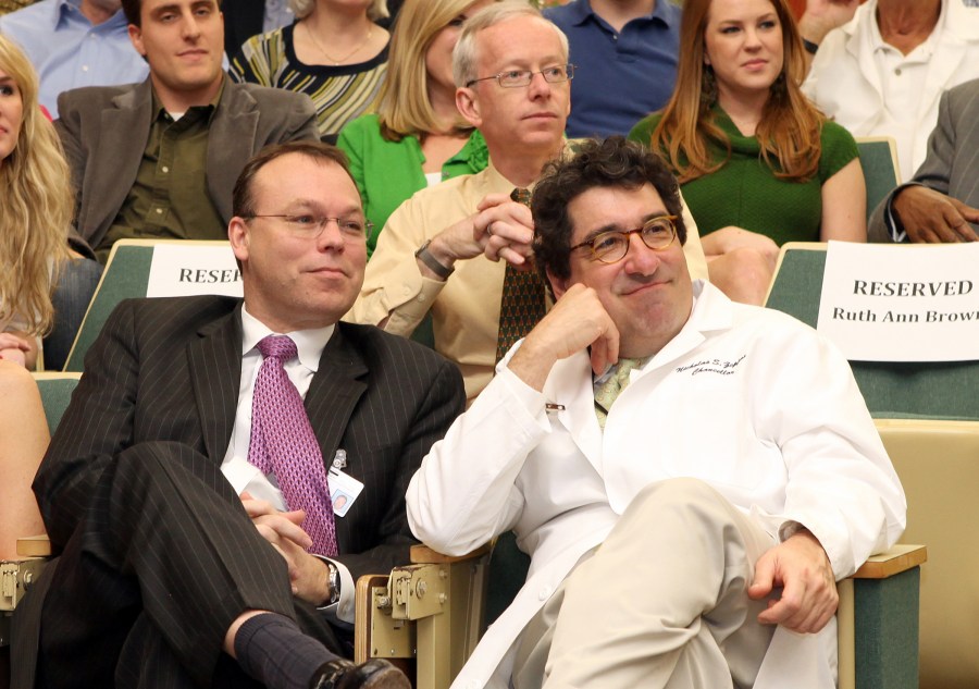 Jeff Balser, M.D., Ph.D., left, and Chancellor Nicholas S. Zeppos enjoy the Match Day festivities. (photo by Susan Urmy)