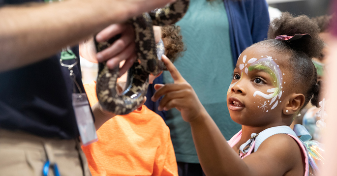 Kaydi Naylor, 4, touches an eastern chain kingsnake at last week’s “MEGAMicrobe Express” community science fair at the Warner Elementary Arts Magnet School in East Nashville.