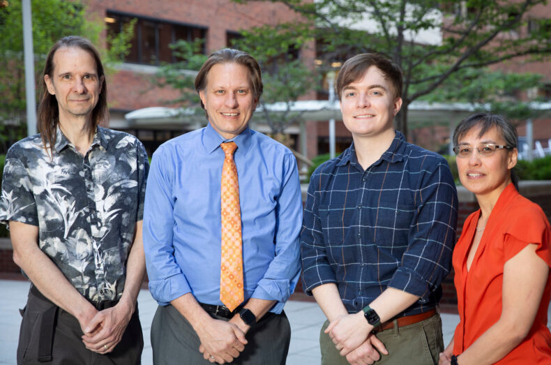 Photo caption: Jonathan Mosley, MD, PhD, left, Scott Borinstein, MD, PhD, John Shelley, and Vivian Kawai, MD, MPH, are studying how genetic variation not related to disease affects clinical decisions. (photo by Susan Urmy)