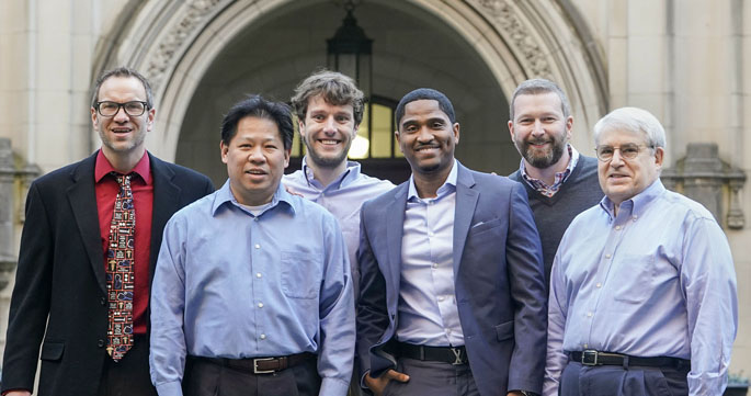VUMC’s team of “nighthawk” radiologists includes, from left, Kevin Diehl, DO; Nam Le, MD; William Walton, MD; Laveil Allen, MD; Daniel Dunnavant, MD; and Joel Benveniste, MD.