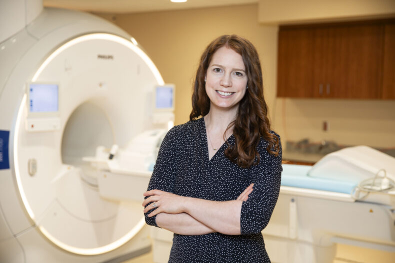 Kristin O’Grady, PhD, in the 3T MRI suite at Vanderbilt University Hospital. (photo by Susan Urmy)