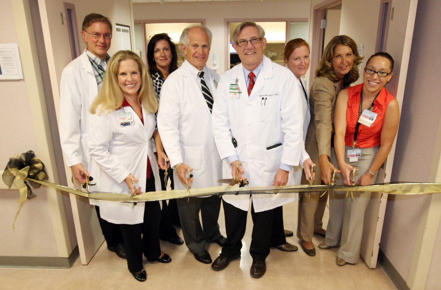 Attending last fall’s grand opening for the eight-bed Maternal Special Care Unit on the fourth floor of the North Tower of Medical Center East were, from left, Bennett Spetalnick, M.D., Robin Mutz, R.N., M.P.P.M., Sandy Smith, R.N., Frank Boehm, M.D., Howard Jones III, M.D., Lavenia Carpenter, M.D., Nicole Herndon, M.S.N., R.N., and Nicole Powell, M.S.N., R.N.  (photo by Steve Green)