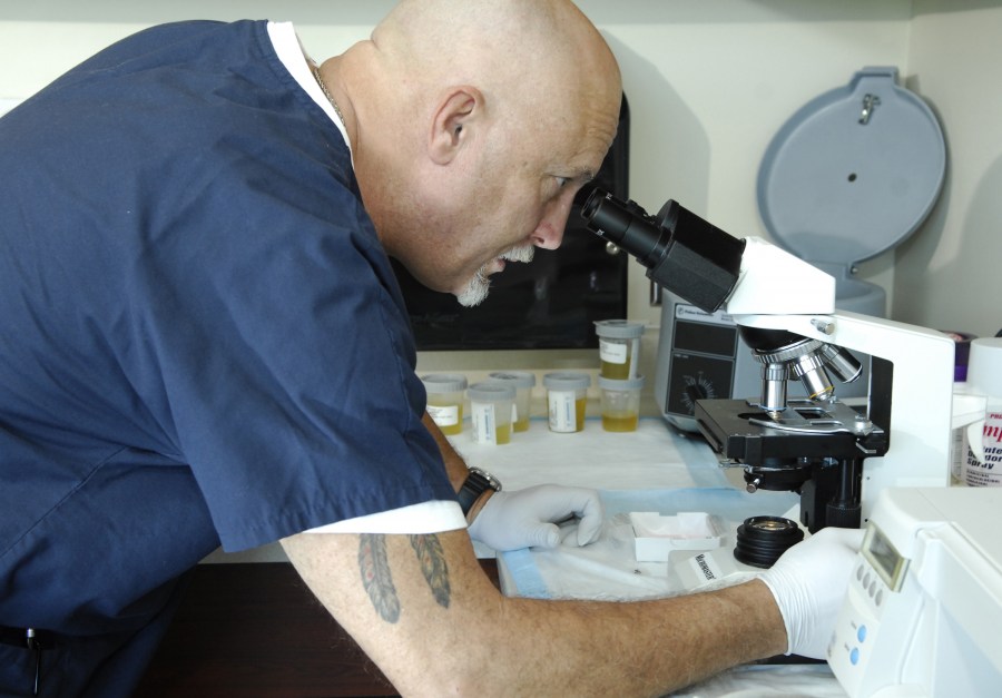 Jim Mitchell, LPN, processes lab samples at the Pediatric Urology Clinic. (photo by Anne Rayner)