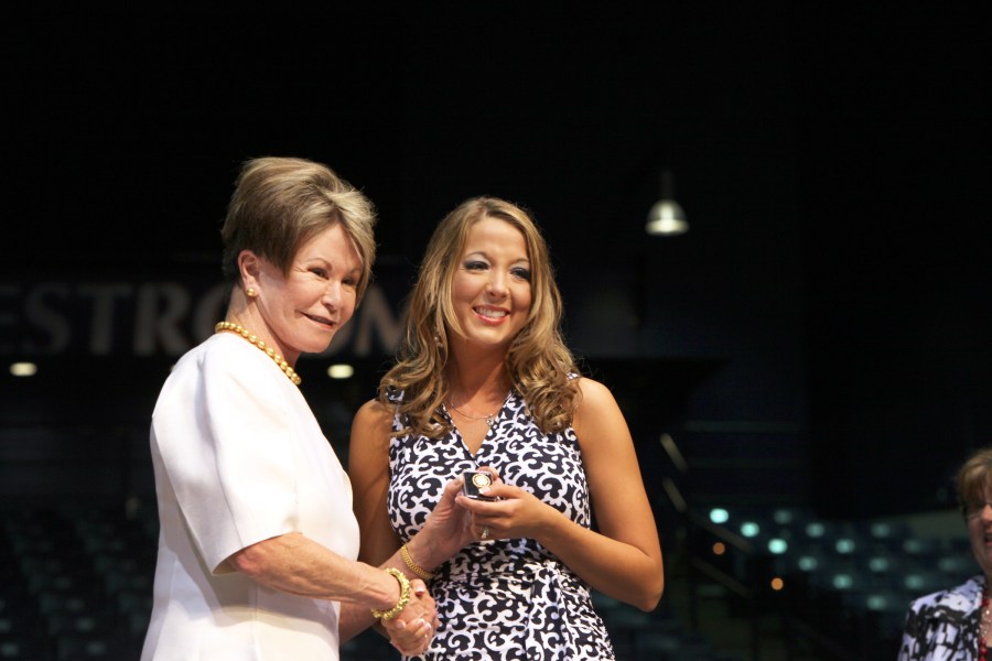 VUSN Dean Colleen Conway-Welch, Ph.D., CNM, left, presents Hannah Beth Browning with her pin. (photo by Susan Urmy)