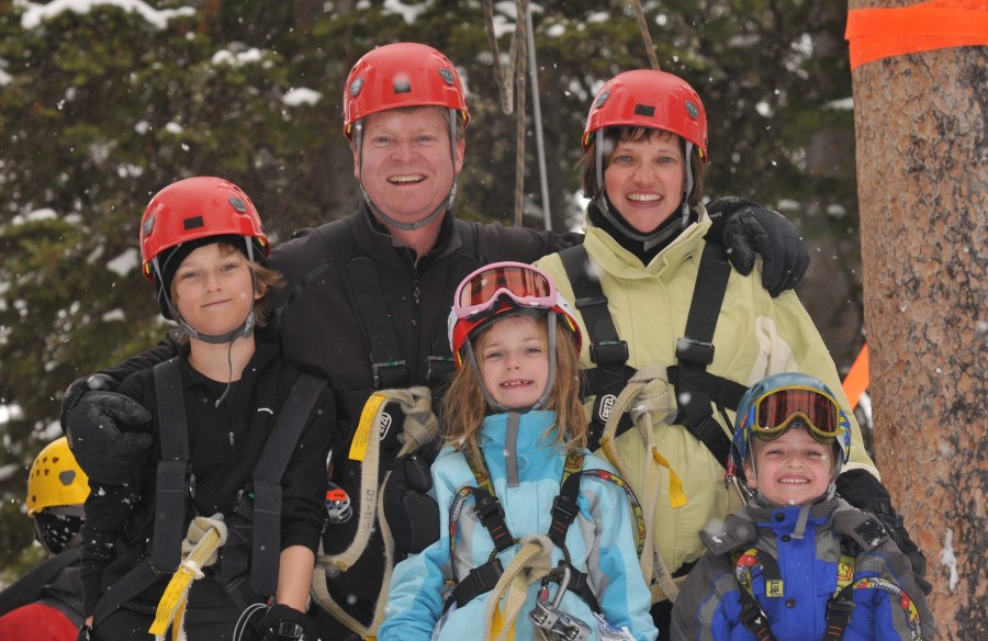 Thompson and Ware with their children, from left, Conner, Claire and Cameron, enjoy active family outings such as zip-lining.