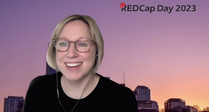 Stephany Duda, PhD, speaks during this year’s virtual REDCap Day.