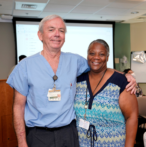 Stephen Raffanti, MD, MPH, with longtime colleague Quentella Carpenter, patient care programs coordinator at the Vanderbilt Comprehensive Care Clinic.