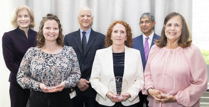 Recipients of the 2023 Research Staff Awards are, front row from left, Laura Stevens, MS, Kate Von Wahlde, MJ, CCRP, and JoAnn Gottlieb, RDMS, RDCS. Presenting the awards were, back row from left, Jennifer Pietenpol, PhD, Gordon Bernard, MD, and John Kuriyan, PhD.