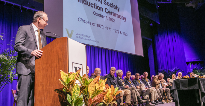 Jeff Balser, MD, PhD, addresses members of the Quinq Society being honored at Vanderbilt University School of Medicine’s Reunion Weekend.