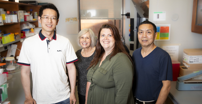 Research by Ann Richmond, PhD, second from left, Chi Yan, PhD, left, Kensey Bergdorf, PhD, JinMing Yang, PhD, and colleagues is leading to new insights on melanoma tumor formation and growth.