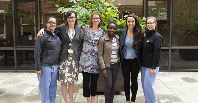 Shown here, from left, are Jasmine Walker, MD; Gretchen Edwards, MD; Rondi Kauffmann, MD, MPH; Ooro; Diane Haddad, MD; and School of Medicine student Catherine Zivanov.
