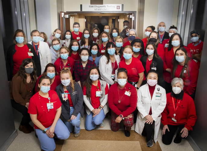 Members of Vanderbilt Heart and Vascular Institute (VHVI) gathered for a photo last week to recognize National Wear Red Day — an observance created by the American Heart Association and the National Heart, Lung and Blood Institute to raise awareness of heart disease, which is the leading cause of death in the United States.