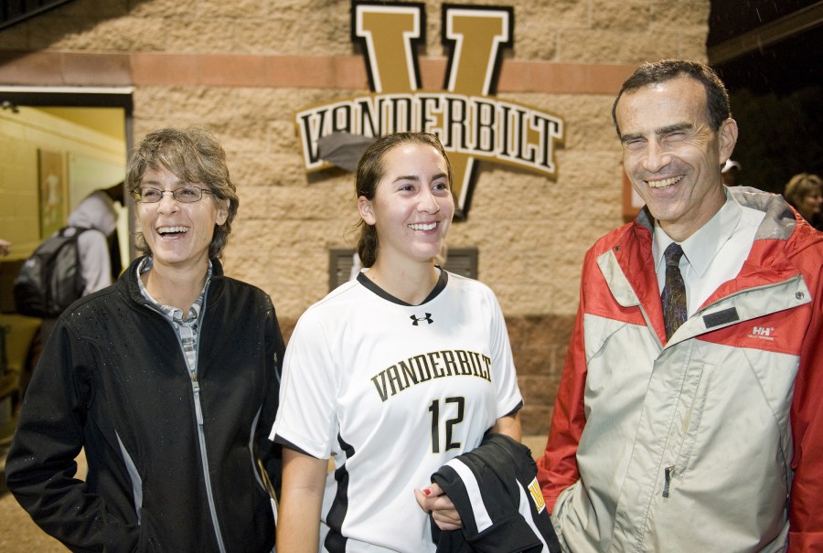 Herb and Susan Schwartz share a laugh with daughter Dana following a Vanderbilt women’s soccer game. Dana is a freshman midfielder on the team. (photo by Joe Howell)