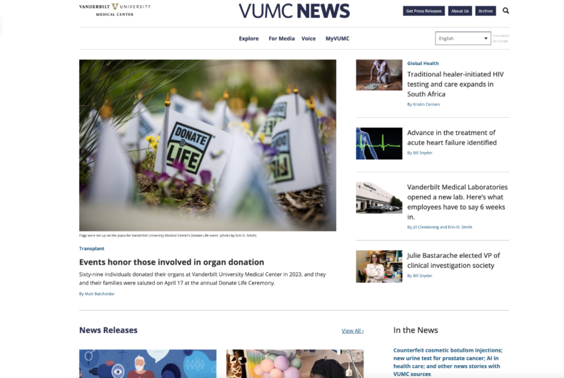 Screenshot of the newly launched news.vumc.org. The homepages features a photo of a 'Donate Life' event and highlights the design of VUMC News.