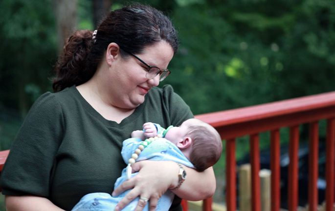 Lisa Shadrick, who participated in Vanderbilt’s MyMaternityHealth bundle program, is a tutor employed by Metro Nashville Public Schools. Here, she is holding her newborn son, Jameson.