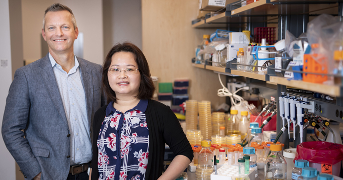 Eric Skaar, PhD, MPH, Hualiang Pi, PhD, and colleagues are studying a regulatory factor in the bacterium that causes the disease anthrax.