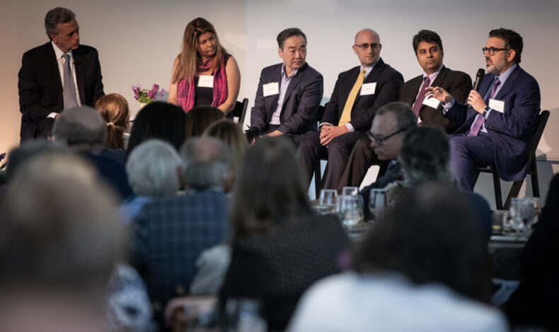 John Seigenthaler, left, moderated a panel discussion at the event that featured VUMC’s Jennifer “Piper” Below, PhD, Ben Ho Park, MD, PhD, Alexander Bick, MD, PhD, Ravi Shah, MD, and Peter Embí, MD, MS. (photo by Erin O. Smith)