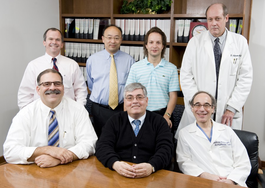 Front row, from left, are Scott Baldwin, M.D., Antonis Hatzopoulos, Ph.D., and Jeffrey Rottman, M.D. Second row, from left, are Douglas Sawyer, M.D., Ph.D., Charles Hong, M.D., Ph.D., Michael Hill, Ph.D., and J.B. Atkinson, M.D., Ph.D. (photo by Joe Howell)