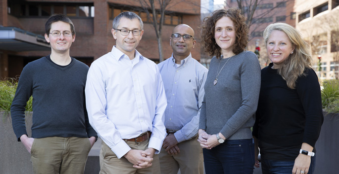 From left, Nicholas Negretti, PhD, Jonathan Kropski, MD, John Benjamin, MD, MPH, Jennifer Sucre, MD, and Erin Plosa, MD, led the research team that created a single-cell “atlas” of lung development. (photo by Erin O. Smith)