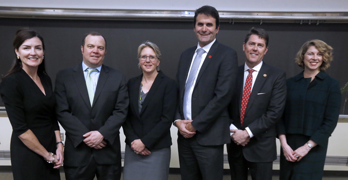 Tobacco-control initiatives were the focus of a panel discussion at the spring Research into Policy and Practice Lecture. Panelists included, from left, Caroline Young, Jim Hobart, Hilary Tindle, MD, MPH, Chris Sherwin, State Sen. Shane Reeves, and Melinda Buntin, PhD.