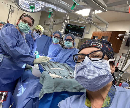 Members of the team that performed the final transplant of 2023 — which was completed just before midnight on Dec. 31 — included, from left, Madelyn Ewing, CST, Kathryn Kraft, MD, Marissa Kuo, MD, Laura Hickman, MD, MS, and Janise Malatesta, RN.