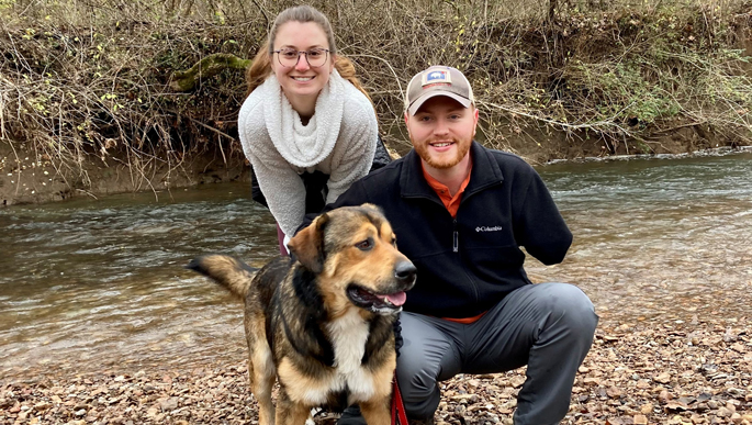 William Nolan and his fianceé, Cassie Rooke, enjoy active lives, including taking long walks with their dog, Grizz. Nolan volunteers as a Trauma Peer Visitor to support others hospitalized with serious trauma.