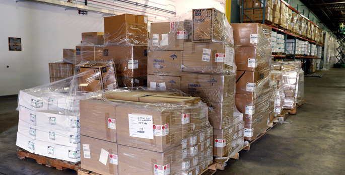 Shown here are some of the Ukrainian-bound medical supplies in a VUMC warehouse shortly before they were loaded on a cargo plane.