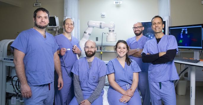 The research team includes, left to right, Bruno Scaglioni, PhD; Keith Obstein MD, MPH; James Martin, PhD; Claire Landewee, BS; Simone Calò, PhD; and Pietro Valdastri, PhD. (hoto by Susan Urmy)