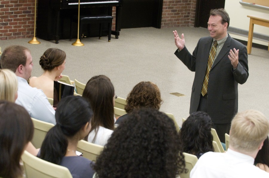 Jeff Balser, M.D., Ph.D., talks to Vanderbilt University School of Medicine’s incoming class of students during welcome activities at Light Hall. (photo by Mary Donaldson)