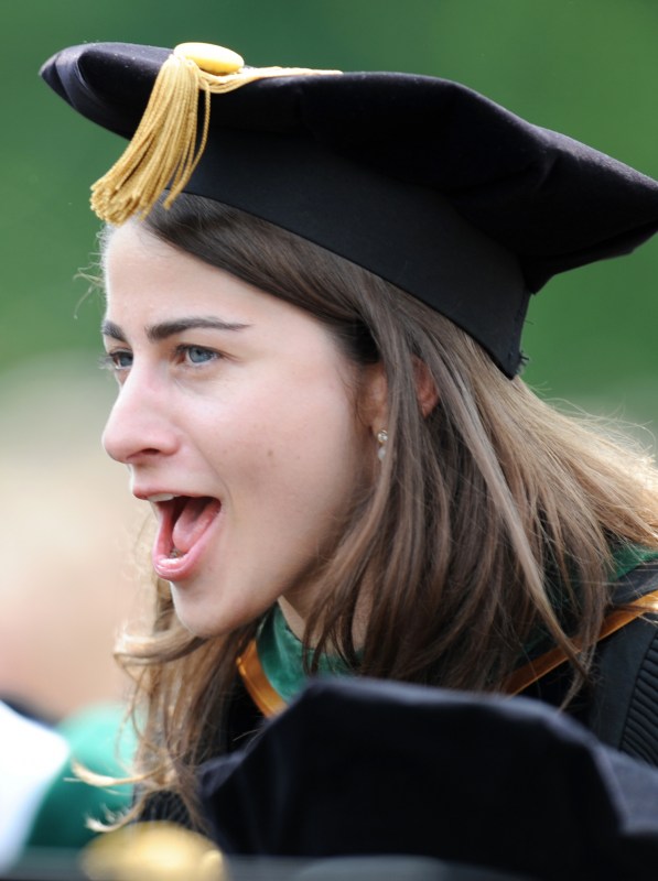 VUSM’s Maria Eugenia Carlo gives a shout at Commencement. (photo by Joe Howell)