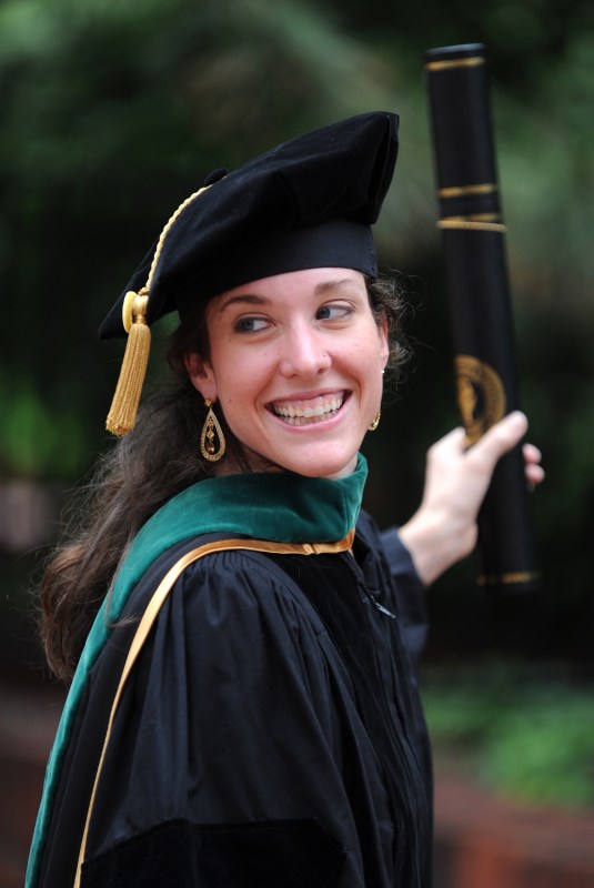 Caitlyn Mooney celebrates after receiving her diploma from VUSM. (photo by Joe Howell)