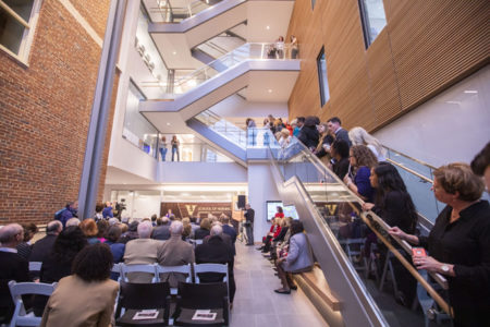 Attendees at Tuesday's grand opening event learn more about the School of Nursing's state-of-the-art building expansion. 