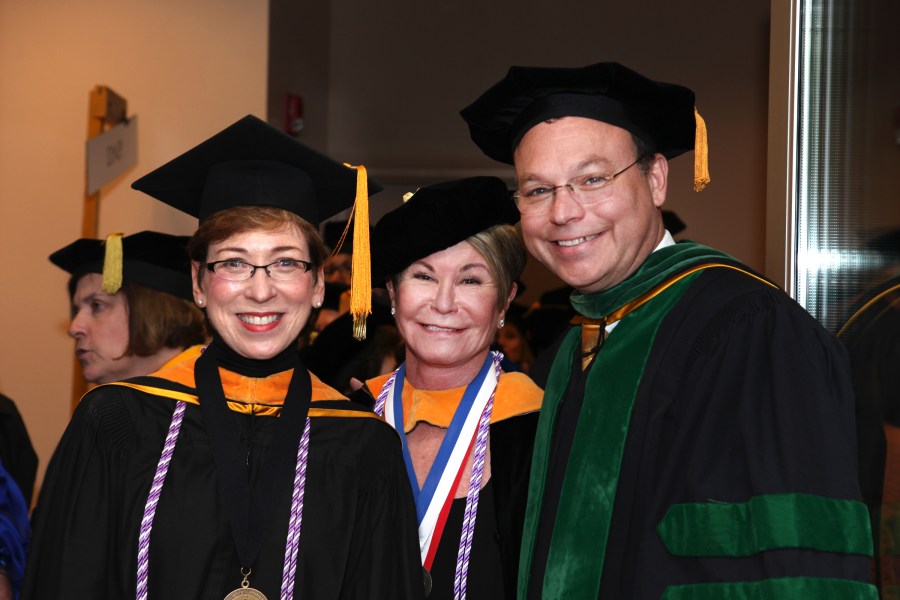 Enjoying commencement were Marilyn Dubree, MSN, R.N., left, Colleen Conway-Welch, Ph.D., CNM, and Jeff Balser, M.D., Ph.D. (photo by Susan Urmy)