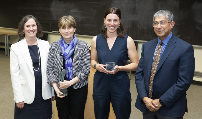 From left are Kathy Gould, PhD, Vanderbilt Prize recipient Ruth Lehmann, PhD, Vanderbilt Prize Student Scholar Catherine Shelton and John Kuriyan, PhD.
