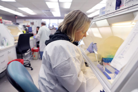 Alison Benton, a molecular lab scientist in the Diagnostic Laboratories at Vanderbilt University Medical Center, prepares a master mix of reagents for use with running a real-time polymerase chain reaction (PCR) to detect SARS-CoV-2.