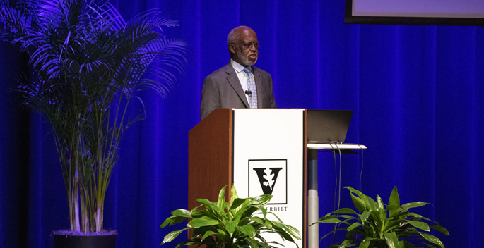 George C. Hill, PhD, delivered Tuesday’s Levi Watkins Jr. MD Lecture in Langford Auditorium.