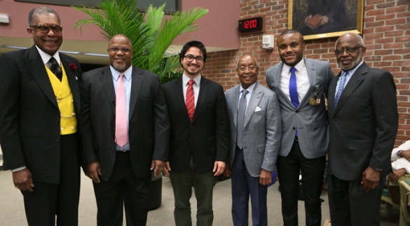 Kevin Johnson, M.D., M.S., second from left, delivered Tuesday’s Levi Watkins Jr., M.D., Lecture. With him are, from left, André Churchwell, M.D., Adrian Cadar, Bedford Waters, M.D., Chike Abana and George Hill, Ph.D. (photo by Anne Rayner)