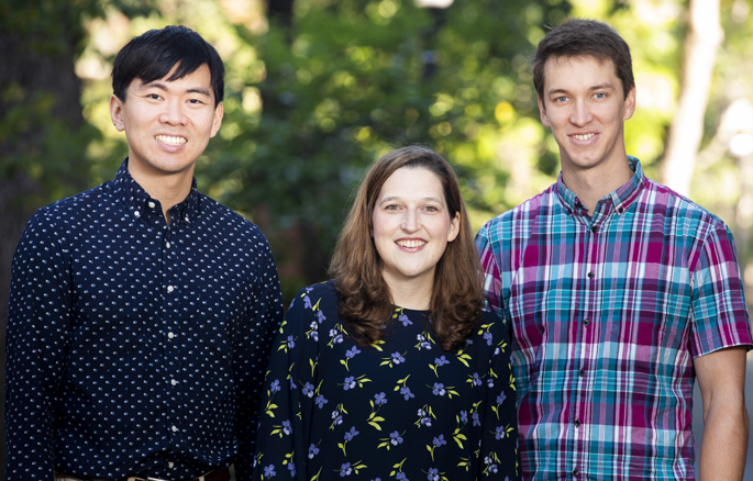 Vivian Weiss, MD, PhD, center, George Xu, left, and Matthew Loberg led a multidisciplinary study that identified a molecular signature for aggressive thyroid cancer, which could help guide treatment approaches for patients. (photo by Susan Urmy)