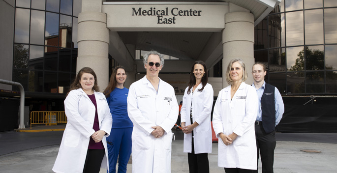 From left, Monica Stout, MD, Shi Kelley, CMA, Mark Iafrati, MD, Dawn Masternick, DPM, Erin O’Sullivan, APRN, MSN, and Ian Seasholtz are part of the team at the new Vanderbilt Wound Center.
