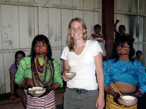 VUSM student Ellika Bartlett, center, participates in the Festival of San Juan during her Emphasis research project in the Amazon region of Peru. 
