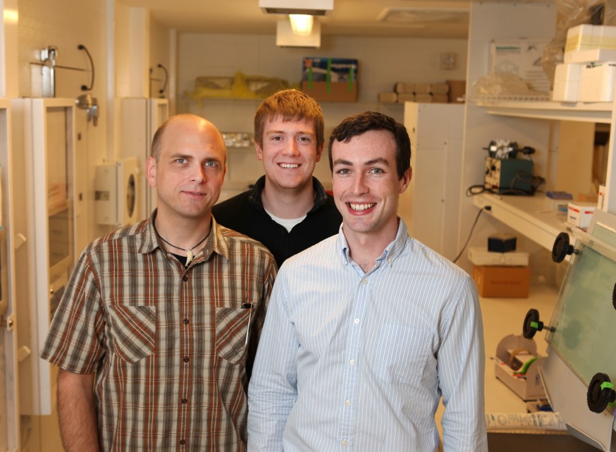 Taking part in the study of a new class of insect repellant are, from left, graduate students David Rinker, Gregory Pask and post-doctoral fellow Patrick Jones, Ph.D. (photo by Susan Urmy)