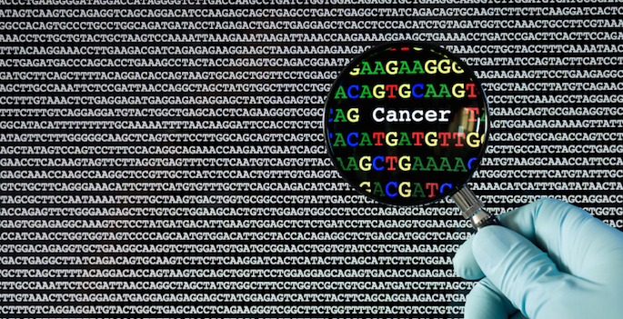 conceptual image of word "cancer" hidden in dna code
