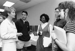 Dean Colleen Conway-Welch chats with incoming Nursing students (from left) Robert Wooldridge, Anne Obi, David Palm and Anne Beeler.