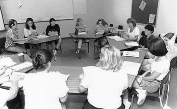 Discussion groups abounded during orientation for the incoming class of Vanderbilt School of Nursing.