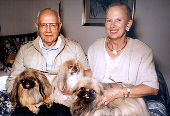 John and Judy Jean Chapman and their trio of beloved Pekingese, Looty, Pittising and Yum-Yum. Which one's which only the Chapmans know.