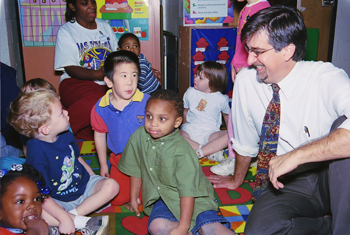 Pat R. Levitt, Ph.D. shares a laugh with students at the Susan Gray School, an early childhood education program jointly run by the Vanderbilt Kennedy Center and Peabody College. The school is named after a Peabody alumna and co-founder of the Kennedy Center who is credited with inspiring the national Head Start program. Dana Johnson